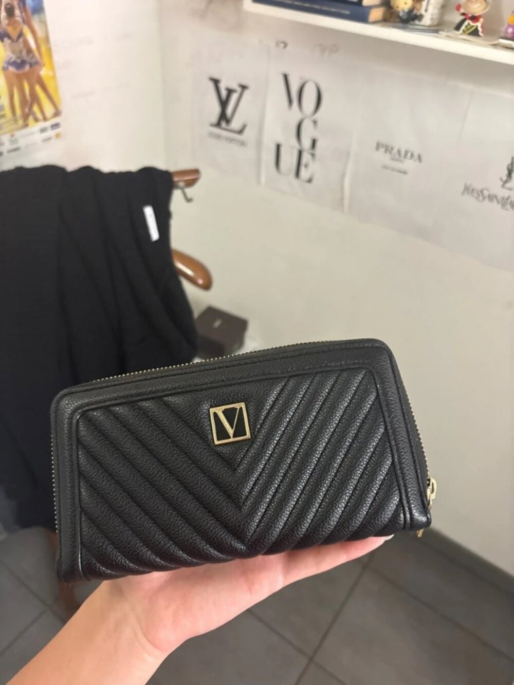 Black Quilted Zip Wallet
